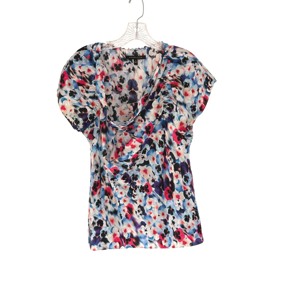 Cynthia Steffe Blouse Blue Pink Floral Print Cowlneck Short Sleeve Classy Size 8